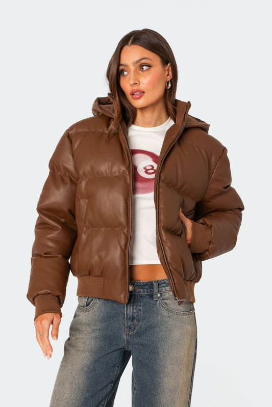 Wintry Faux Leather Hooded Puffer